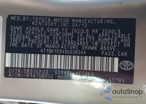 2013 Toyota Avalon Xle Premium из США, поврежденный, VIN 4T1BK1EB4DU038344